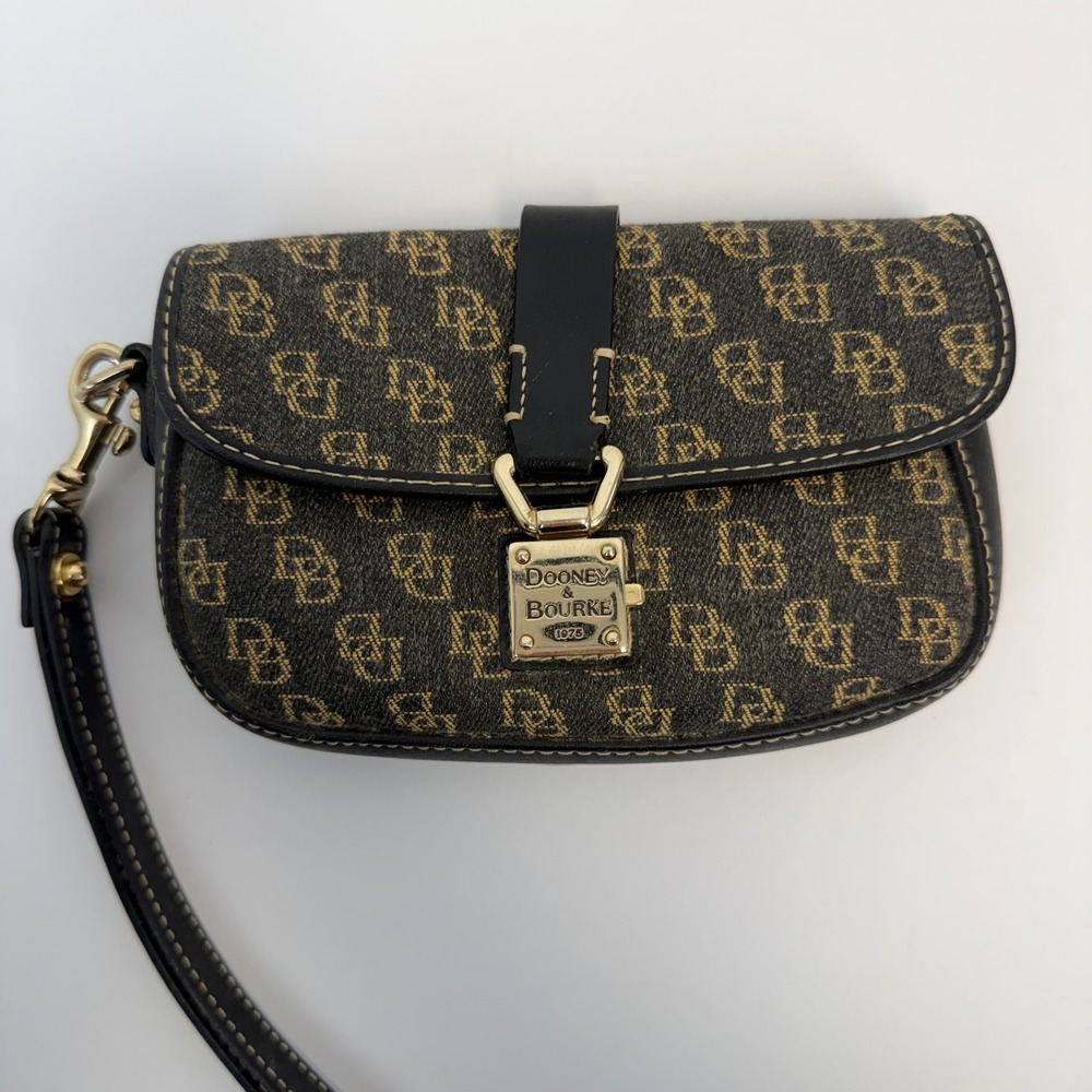 Dooney &‎ Bourke Signature DB Monogram Wristlet Clutch Brown Tan Canvas Leather